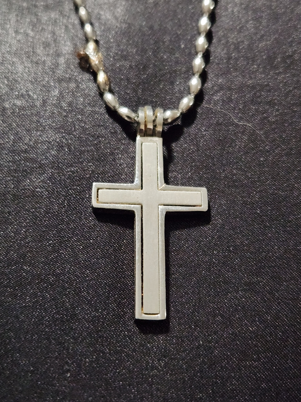 Silver Tone Beaded Chain Cross Pendant Necklace